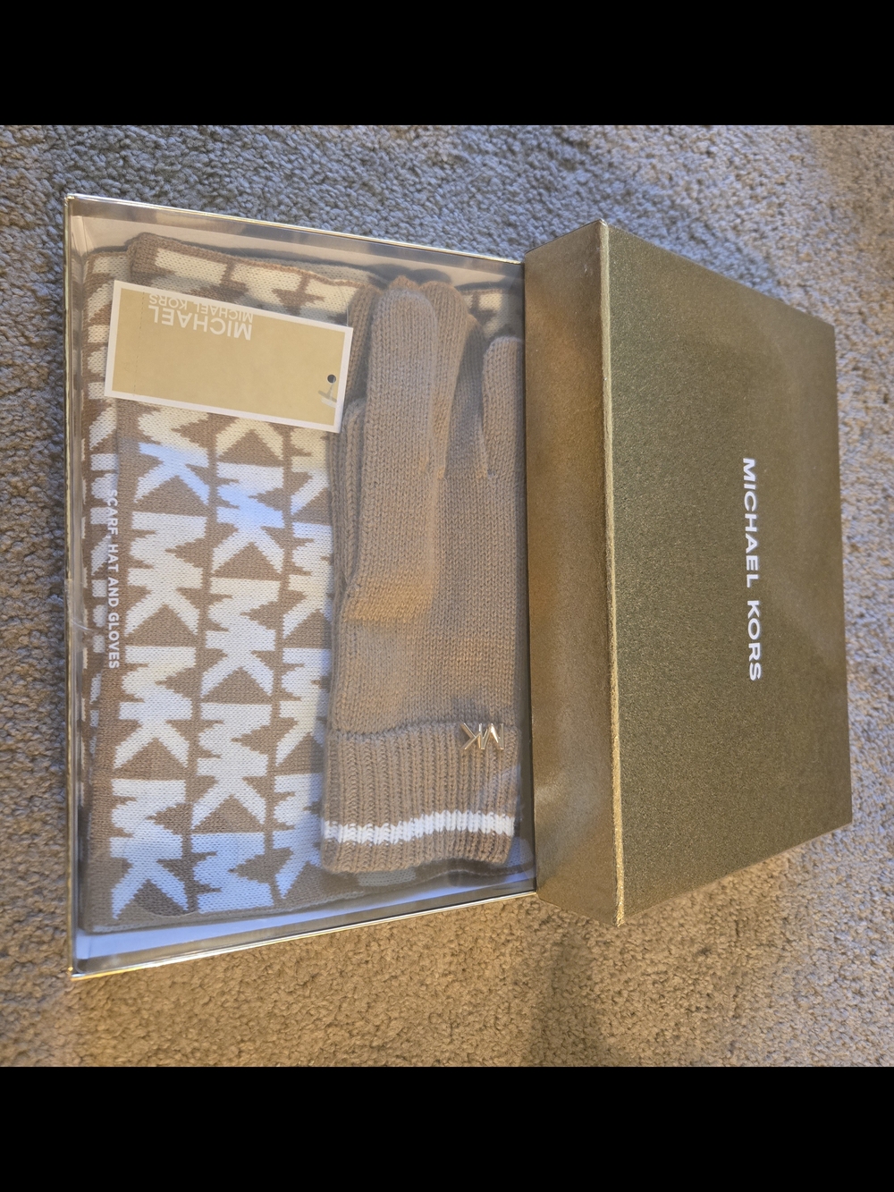 Michael Kors Tan and White MK Logo Knit Scarf, Hat & Gloves Set